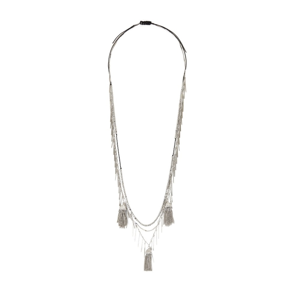 BCBG NECKLACE BOHO LAYERED TASSEL SILVER TONED